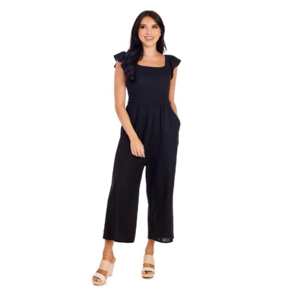 Mud pie women’s size M ruffle strapped smocked jumpsuit ,linen blend black color